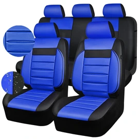 CAR PASS Leather Seat Covers Full Set Universal Water Resistant 3D Foam Back Support, Luxury Comfort Automotive 5 Seat Covers All Season Fit for SUV,Sedan,Van, Airbag Compatible Elegance(Blue Black)