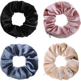 NINFEIQI 4Pcs Scrunchie with Zip Pocket, Elastic Hidden Pocket Hair Ties, Velvet Hair Scrunchies for Putting Keys Small Items Women Girls Hair Accessories