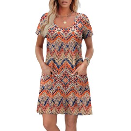 OFEEFAN Summer Boho Dresses for Women Beach Vacation Fashion 2025 U Neck Coverup Beach T Shirts Dress wih Pockets Casual Sundresses 2025 Floral 01 XL