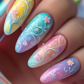 Flower Press on Nails Almond Medium Fake Nails Colorful Gradient Stick on Nail Full Cover Floral False Nails Designs Glossy Reusable Acrylic Nail for Women Manicure Decoration 24 Pcs