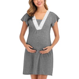 SHEKINI Women's Maternity Nightdress Lace V Neck Short Sleeve Nightwear Soft Nursing Nightgown for Pregnancy Breastfeeding Pyjamas Loungewear, Grey, L