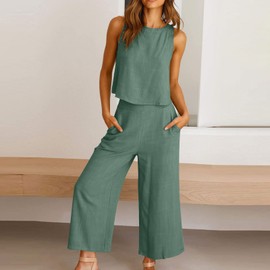 cllios - Conjunto de lino de dos piezas para mujer, pantalones casuales, elegante, sin mangas, pantalones cortos de pierna ancha, ropa de descanso a juego, 03-verde_01, Medium