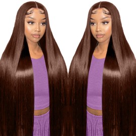 LZGYE Chocolate Brown Lace Front Wig 7x5 Brown Straight Wig Human Hair Dark Brown Glueless Wigs Human Hair Pre Plucked #4 Color Lace Closure Wigs Bye Bye Knots 220 Density For Women 30inch