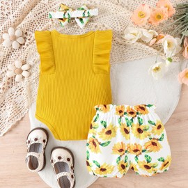 0-18 Months Baby Girl Summer Clothes Set Sleeveless Ribbed Romper + Floral Shorts + Headband Infant Toddler 3pcs Outfit (Yellow, 6-12 Months)