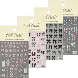 4 Sheets Bow Nail Art Stickers 5D Embossed Floral Bow Nail Decals Black Pink Bow Star Heart Nail Art Design Cute Bow Nail Art Supplies for Women Manicure DIY Acrylic Nails Decorations Accessories