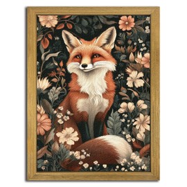 Framed 3D Textured Wall Art, Hand Drawn Sandstone Fox Wall Decor Paintings, Vintage Animal Floral Botanical Aesthetic Picture for Living Room Bathroom Bedroom Home 12x16 inch