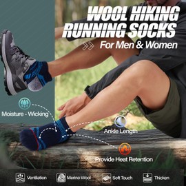 ANTSANG Merino Wool Ankle Hiking Running Socks Compression Thick Cushion Breathable No Show Socks for Men Women 6 Pairs(Dark Series,L)