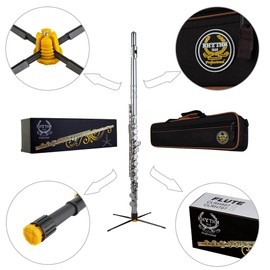 Rhythm C Flutes with Engraved Flower Closed Hole 16 Keys Flute For Student, Beginner with Stand, Carrying Case,Gloves,Joint Grease, Tuning Rod, Nickel