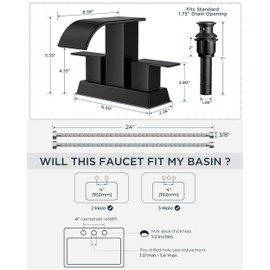 FORIOUS 4 Inch Centerset Matte Black Bathroom Faucet, 2 or 3 Hole Waterfall Square Bathroom Sink Faucet with Metal Pop-up Drain and Supply Lines, Two Handles for Vanity, Lavatory Room, Basin