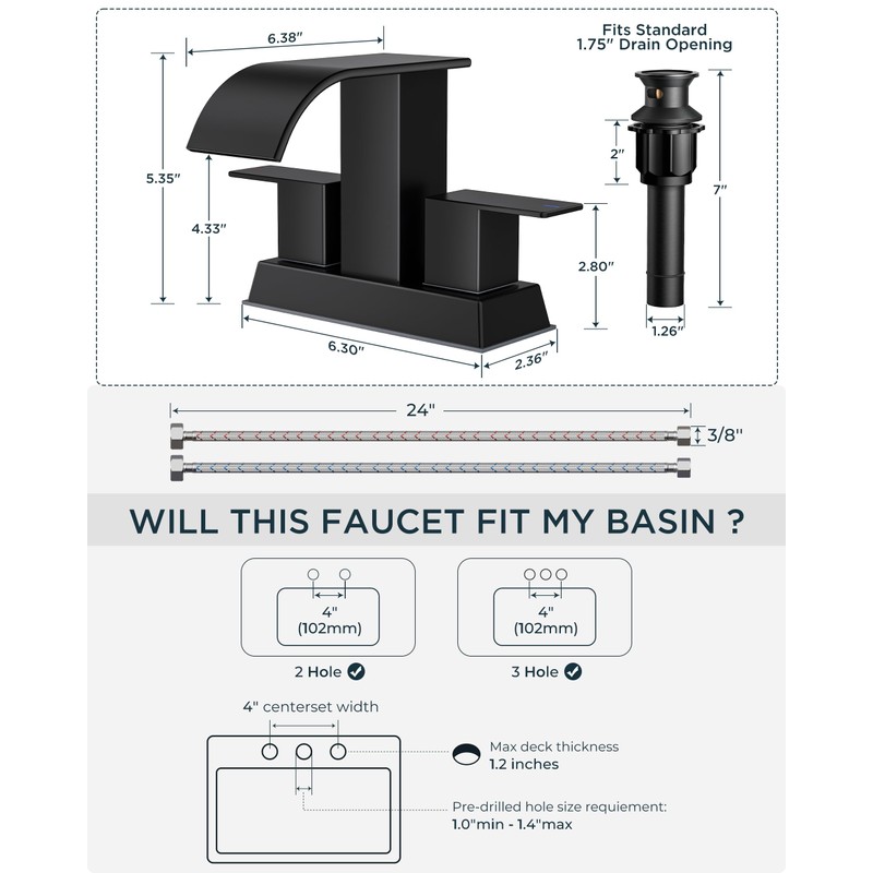 FORIOUS 4 Inch Centerset Matte Black Bathroom Faucet, 2 or