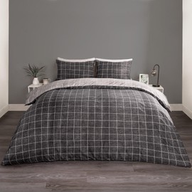 OHS Double Bed Duvet Covers with Pillowcases, Check Quilt Covers Bed Set Soft Reversible Gingham Lined Breathable Bedding, Grey & Black