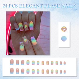24PCS Square False Nails, Short Stick On Nails, Rainbow Colored Press on with Hearts, Removable Accessory Tools, Full Cover Fake for Women & Girls, Art Accessories