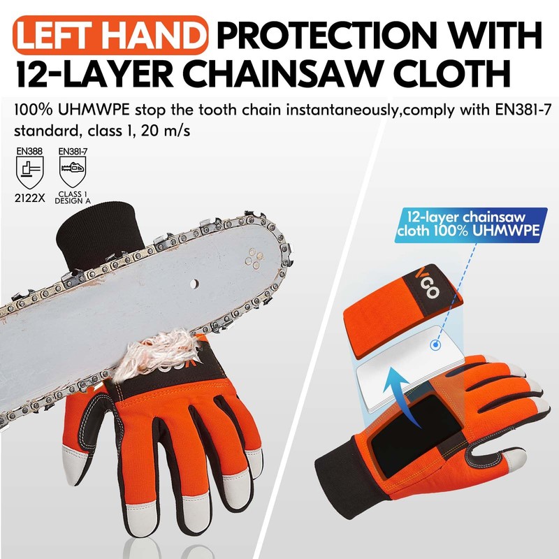 Vgo... Chainsaw Gloves 12-Layer Protection on Left Hand, Safety Forestry
