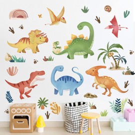 decalmile Boho Watercolor Dinosaur Wall Decals Cute Dino Tropical Palm Wall Stickers Baby Boy Kid Bedroom Playroom Wall Decor