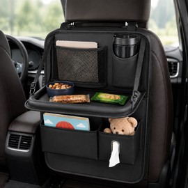 Foldable Leather Car Seat Back Organizer With Table for Rear-Seat Storage and Travel