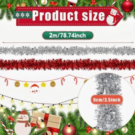 CaiTang Christmas Tinsel Garland, 2 m Tinsel Shiny Garland, Pack of 4 Metallic Tinsel Garland, Festive Christmas Tinsel for Christmas Tree, Christmas Party, Birthday Party, Red Silver