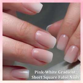 French Short Square Press on Nails - 24PCS Gradient White Pink False Nails - 12 Sizes French Tip Fake Nails with Glue - Glossy Full Cover Stick on nails for Women Girls Nail Art DIY