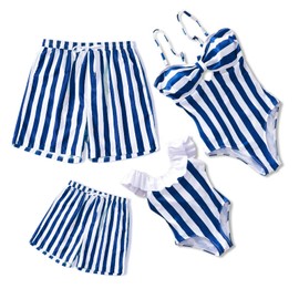 IFFEI Family Matching Swimsuits Mens Boys Swim Trunks Striped Bathing Suits Hollow Out Mommy and Me Swimwear Blue Men: XL