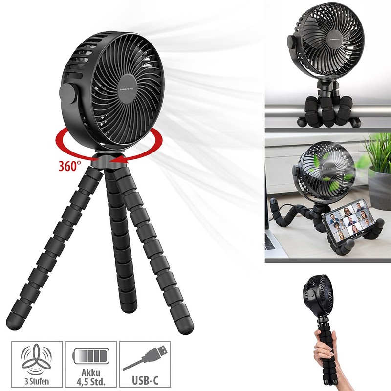 PEARL Kinderwagenventilator: 2er-Set 360°-Akku-Handventilatoren mit Stativ, 3 Geschwindigkeiten (Ventilator mit