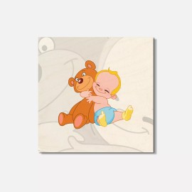 Unbranded Cheerful Baby Hugging His Teddy Bear Animal 4'' X 4'' Square Wooden Coaster