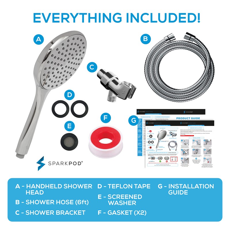 SparkPod High Pressure Handheld Shower Head with Hose- Huge 6-Inch