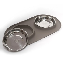 Messy Cats Double Silicone Feeder with Stainless Saucer Shaped Bowl | Anti-Slip Non-Skid Cat Food Bowls | Two Cat Bowls in Feeding/Water Station | 1.75 Cups per Bowl (Grey)