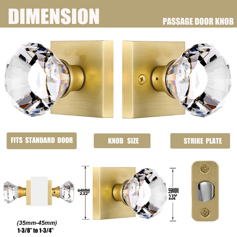 HIEMEY Glass Crystal Door Knobs Interior, Gold Door knobs Passage