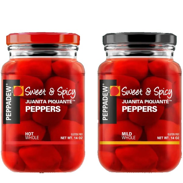 Peppadew Sweet and Spicy Juanita Piquante Peppers – Pack Of 2 14 Oz. Jars – Hot Whole and Mild Whole Piquante Peppers – Versatile Ingredient For Salad, Pizza, Wraps, Charcuterie Board