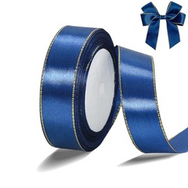 Navy Blue Satin Ribbon with Gold Edges, Continuous Polyester Independence Day Ribbon for Gift Wrapping DIY Crafts Bouquet Hair Bows Sewing Projects Baby Shower Wedding Party Decor, 1" x 25 Yards