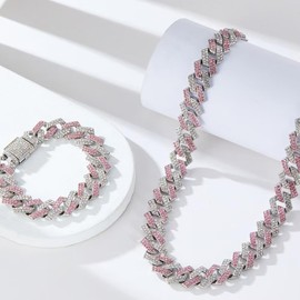 Pink Dog Chain Collar, Diamond Cuban Link Dog Collar Dog Necklaces Rhinestone Bling Glitter Metal Choke,Pet Jewelry for Puppy Small Medium Large Dogs (Pink 24inch)