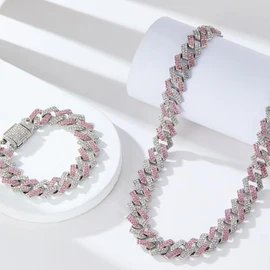 Pink Dog Chain Collar, Diamond Cuban Link Dog Collar Dog Necklaces Rhinestone Bling Glitter Metal Choke,Pet Jewelry for Puppy Small Medium Large Dogs (Pink 24inch)