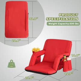 Stadium Seats for Bleachers-3 Heat Settings Backrest&Seat Cushion with Support, Portable Folding Stadium Chair with 6 Reclining, Storage Cup Holder for Football Games/Camping/Concerts (Heated, Red)