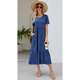Women's 2025 Summer Short Sleeve Crew Neck Swing Dress Flowy Tiered Maxi Beach Sundress with Pockets Sea Blue
