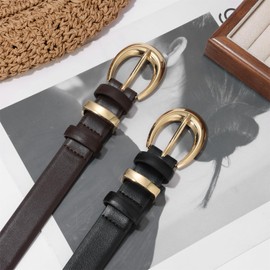 KONQUWA Women's Cow Leather Belt for Jeans Pants Fashion Ladies Skinny Dress Waist belt with Gold Buckle (A-Black + Coffee/Gold Buckle,27″-33″)