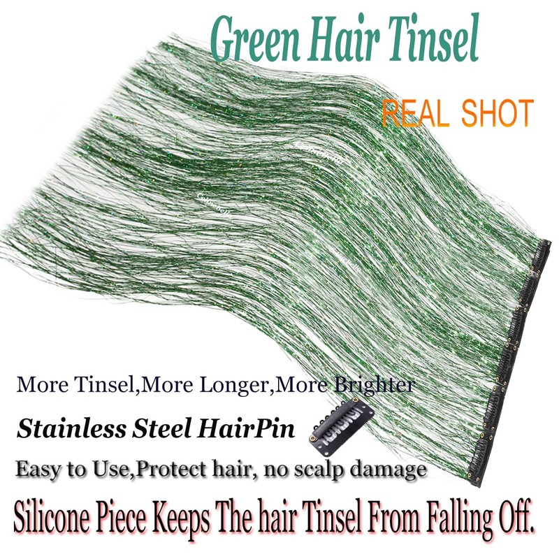 CelineBella Green Hair Tinsel Clip in Hair Strands for Party