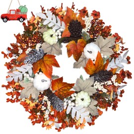 Fall Wreaths for Front Door, 22 Inch Autumn Wreath with Pumpkins, Berries Wildflowers Maple Leaves Fall Car Sign Thanksgiving Fall Wreath for Home Decorations, Porch, Indoor, Outdoor