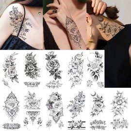 Glaryyears Flower Temporary Tattoos for Women, 11-Pack Henna Design Variety Pack Fake Tattoos, Long-lasting Rose Floral Realistic Tattoos for Arm Shoulder Chest Body Wrist