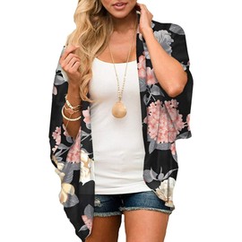 Womens Kimono Cardigans Boho Floral Print Chiffon Cardigan Blouse Top Beach Outwear (Black-6, Small, s)