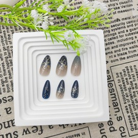 Blue Press on Nails Medium Almond Fake Nails with Starry Sky Designs Glitter Sequins Nails Press ons Cute Glue on Nails Ombre Acrylic Nails Stars False Nails Natural Stick on Nails for Women 24Pcs