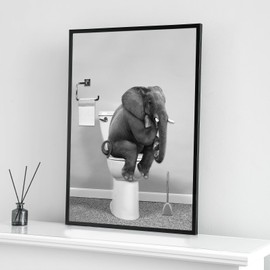 Cute Newspaper Animal Wall Art Black and White Canvas Printed Cabin Bathroom Decoration Bath Wall Picture Frameless (Elephant, 1 Piece - 30 x 40 cm)
