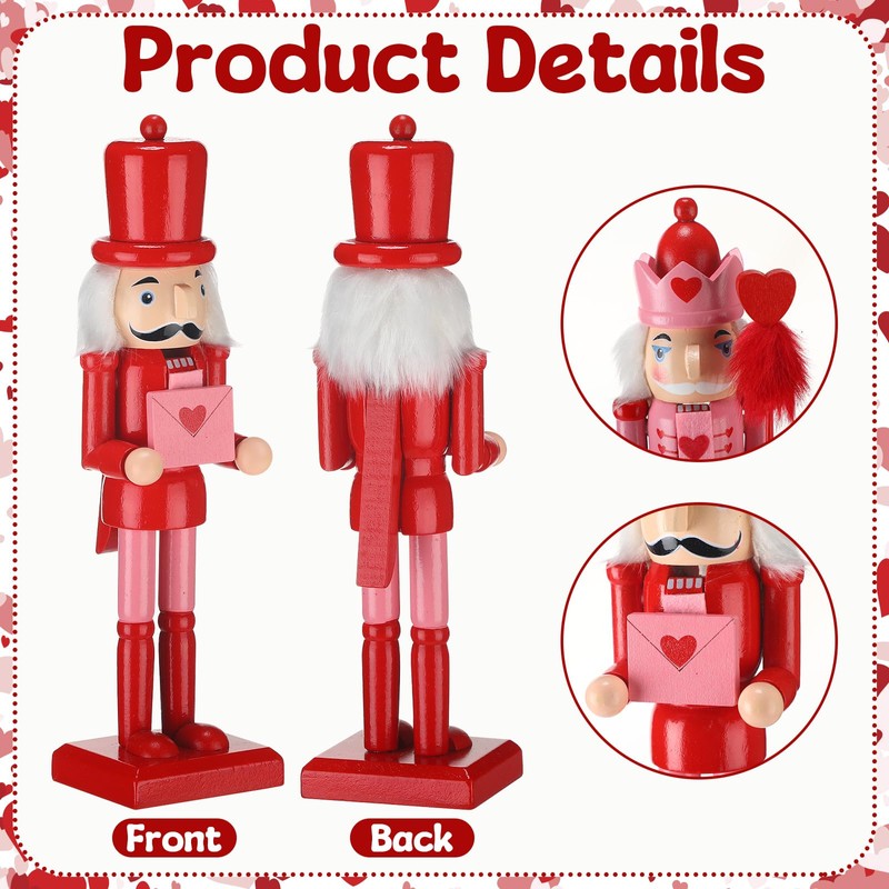 Kathfly 2 Pcs Valentine's Day Nutcracker 10 Inch Wooden Pink