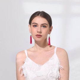 Handmade Beaded Tassel Earrings - Boho Drop Fringe Earrings for women, Native American Indian Earrings (Short Fuchsia)