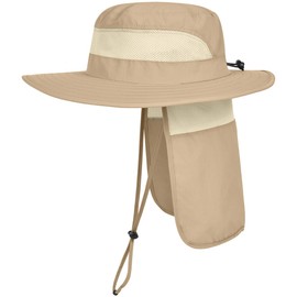 LCZTN Mens UPF 50+ Sun Protection Safari Cap Wide Brim Fishing Hiking Hat with Neck Flap for Garden Work (Khaki)