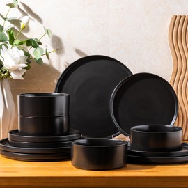 GBHOME Ceramic Dinnerware Sets of 4,Stoneware Plates and Bowls Sets,Chip and Crack Resistant | Dishwasher & Microwave Safe Dishes Set,Scratch Resistant- Service for 4 (12pc)-Matte Black