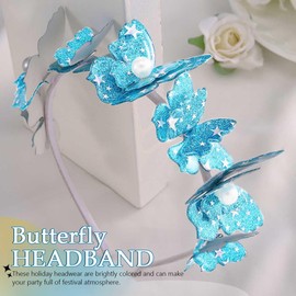 JEWEKY Butterfly Headbands Shiny Pearl Hair Band Blue Butterfly Headpiece Festival Party Hair Accessories for Women and Girls
