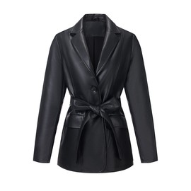 RISISSIDA Women Faux Leather Blazer Jacket,Vegan Pleather Coat with Belt Black 2226 S