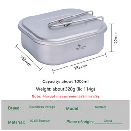 Boundless Voyage Outdoor Camping Titanium Military Mess Tin with Lid Folding Handle Bushcraft Lunch Box Cookware 1L