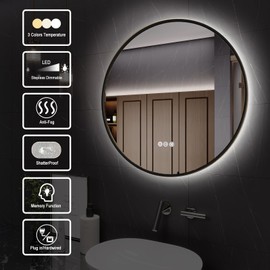 YIDABATH Round Bathroom Mirror with Lights, 24x24 Inch Vanity Mirror with Backlit, Anti-Fog, 3 Colors and Stepless Dimmable Wall Mounted Makeup Mirror with Metal Frame (Black)