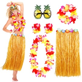MIVOEDIK - Falda de zacate para adultos, mujeres, falda Grils Hula para trajes de fiesta hawaiana Luau con flores Leis y anteojos de sol, Color pajita, L