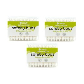 180 pcs CS Beauty Safety Cotton Buds Paper Stem with Large Tips for Baby - Children - Kids - (3 Tubs of 60 Buds) 100% Cotton